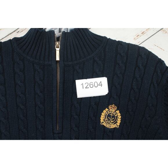 VTG Lauren Ralph Lauren Sweater Women's Large Blue Crest Logo 1/4 Zip Cable Knit - Picture 12 of 12